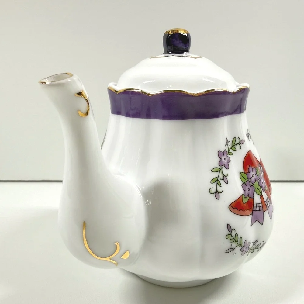 Vintage Teapot Red Hat Society Floral Purple Gold Trim Tea Party Decor Gift